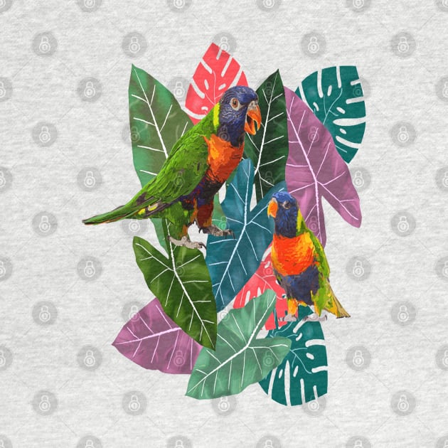 Parrots and Tropical Leaves by RoxanneG